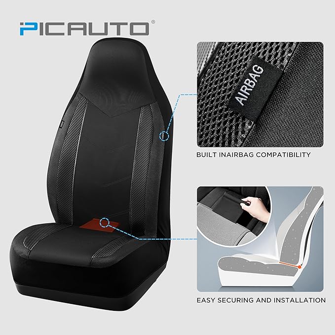 PIC AUTO High Back Front Car Seat Covers - Sports Carbon Fiber Mesh Design, Universal Fit, Airbag Compatible (Black)