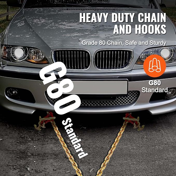 VEVOR G80 V Bridle Chain, 5/16" x 3' Towing Chain Bridle with R Hooks, T Hooks, J Hooks and Grab Hooks, Transport Tow Chain Bridle with 10800 lbs Safe Working Load for Flatbed Truck Wrecker Recovery