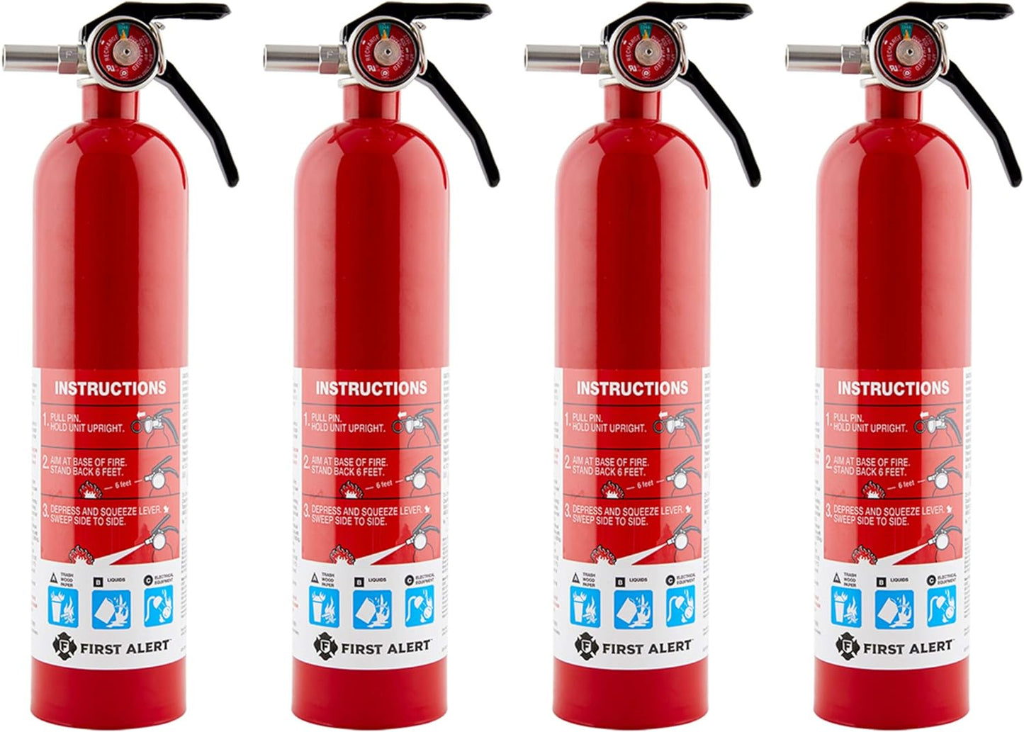 First Alert Fire Extinguisher for Home, Standard Rechargeable Compliance Unit, UL RATED 1-A:10-B:C, HOME1-4, Red, 4-Pack