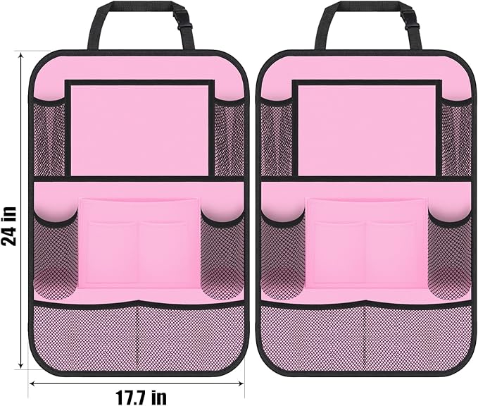 Car Backseat Organizer with 11" Table Holder, 10 Storage Pockets Seat Back Protectors Kick Mats for Kids Toddlers, Travel Accessories, 2 Pack, Pink