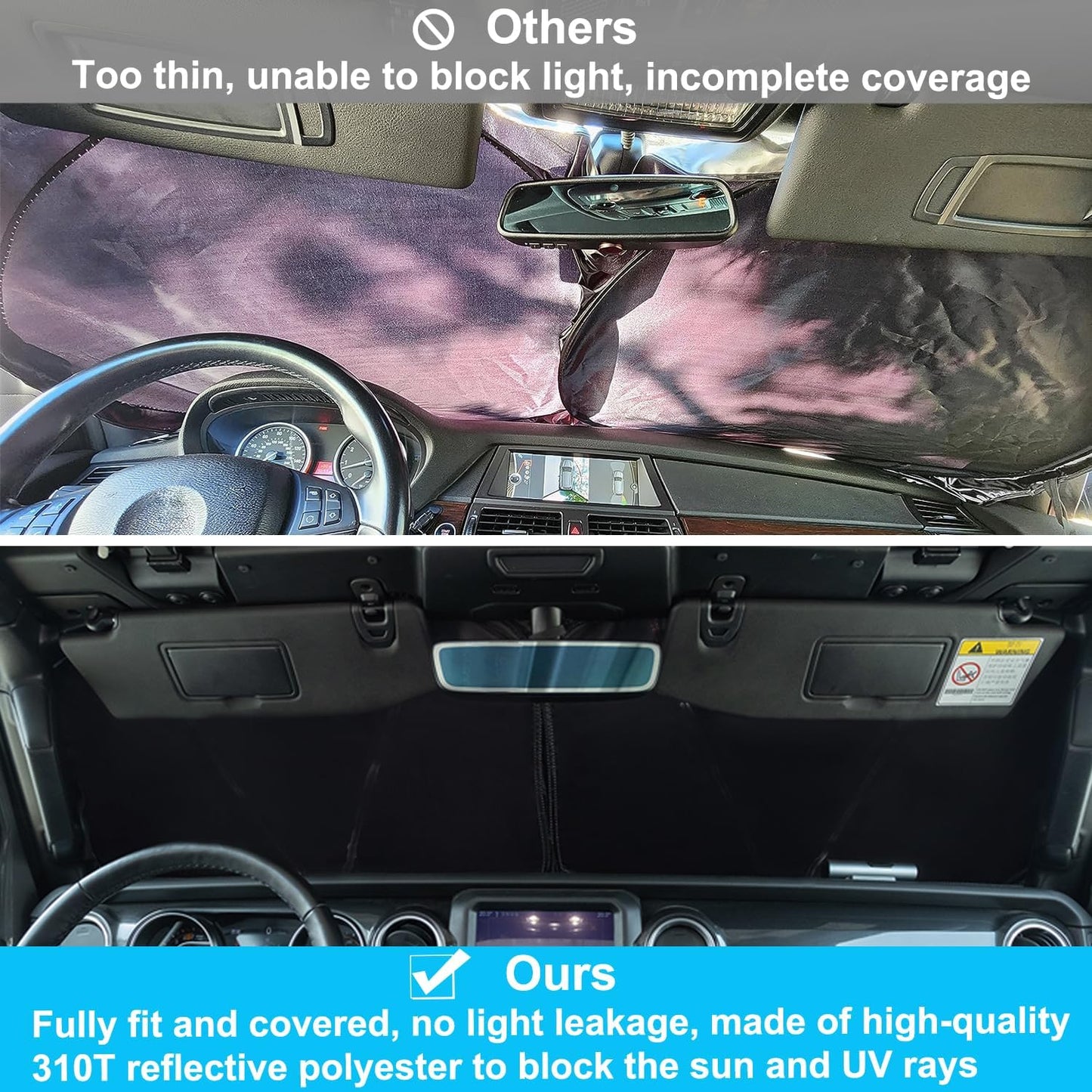 Premium Windshield Sun Shade for 2018-2025 Jeep Wrangler JL JLU & 2020-2025 Jeep Gladiator, Reflective 310T Material Front Window Sun Visor Blocks UV Rays Foldable Sunshade with Storage Pouch