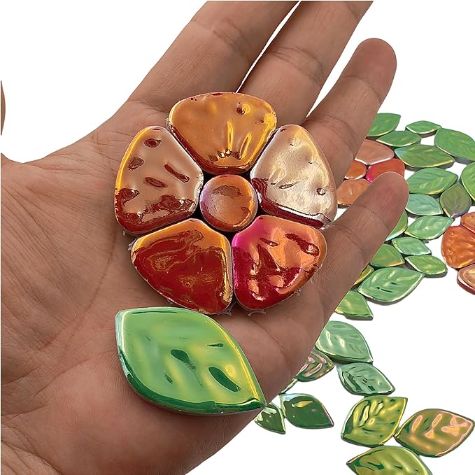 1.1LB Iridescent Leaves Ceramics Mosaic Tiles,Making Creative 3 Size Ceramic Mosaic Pieces for DIY Craft,Flowerpots,Vases,Cups,Garden Decor Mosaic Making Supplies (Red Flowers + Green Leaves)