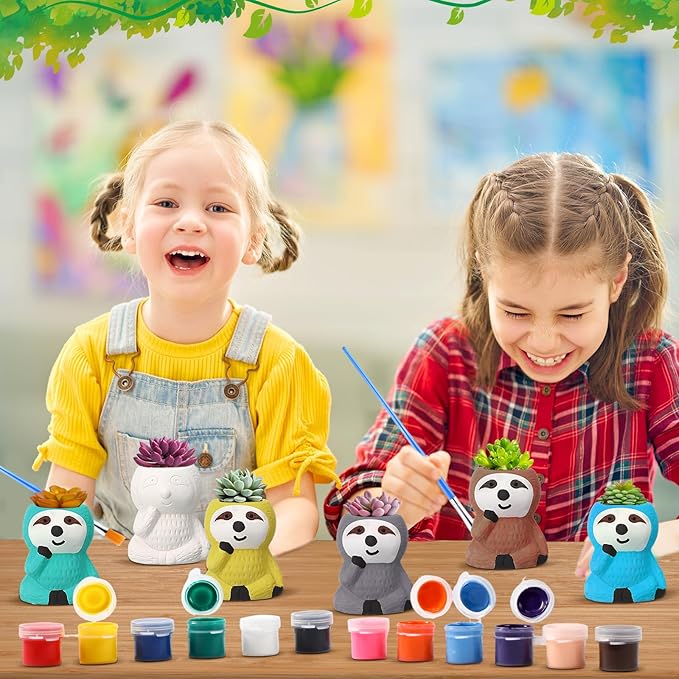 Pasimy 6 Set DIY Ceramic Succulent Planter Pots Paint Your Own Flower Pots Craft Kit Unpainted Bisque Paintable Flowerpot with Brush Palette Ready to Paint for Family Activity Gift(Sloth)