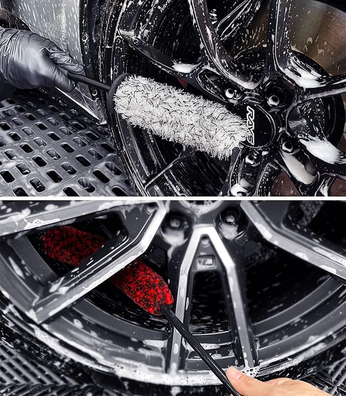 YeewayVeh 2PCS Microfiber Wheel Brush & Bendable Rim Cleaner Brush, 16 inch Long Handle Wheel Cleaning Kit for Car Tire Fenders Exhaust Tips, Red&White