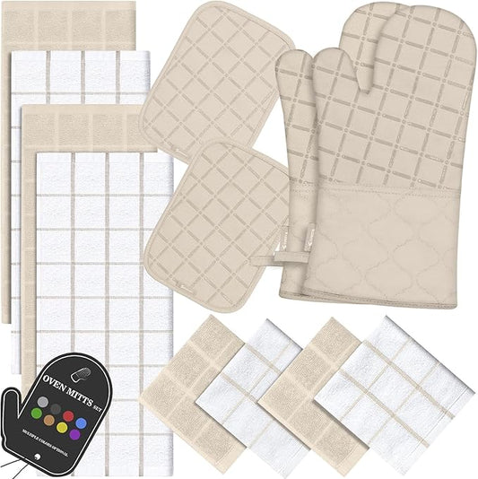 Oven Mitts Pot Holders Sets/Kitchen Towels and Dishcloths, Oven Gloves Kitchen Dish Towels 500 Degree Heat Resistant Potholders with Non-Slip Silicone Surface for Cooking, Grilling, Baking-Milkshake