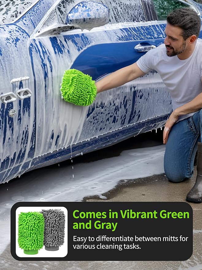 MR.SIGA Premium Microfiber Soft Chenille Car Wash Mitt, Pack of 2, Gray & Green