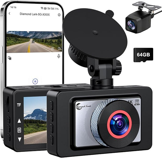 Dash Cam Front and Rear, 4K Ultra HD Dash Camera for Cars, 64GB Card Included, Built-in 5G WiFi Mobile APP Control, 3" IPS Screen,Super Clear Night Vision, 170°Wide Angle,G-Sensor, 24H Parking Monitor