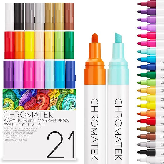 CHROMATEK Dual Tip Acrylic Paint Markers - 21 Colors Premium Paint Pens for Canvas, Rock Painting, Glass, Wood, Ceramic, DIY Crafts Art Supplies - Waterproof, Quick Drying with Video Tutorials & Ebook