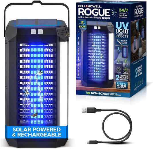 Rogue 2 in 1 Solar Bug Zapper Outdoor and Bug Zapper Indoor Plug in for Mosquito, Fly, Solar Powered & USB-C Rechargeable Camping Lantern, LED Flash Light, High Voltage, Trap Safe for Pets & Kids