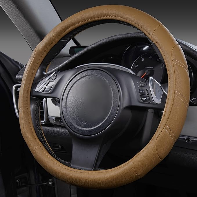 CAR PASS Line Rider Microfiber Leather Sporty Steering Wheel Cover Universal Fits for 95% Truck,SUV,Cars, Anti-Slip Safety Comfortable Desgin (Pure Brown)