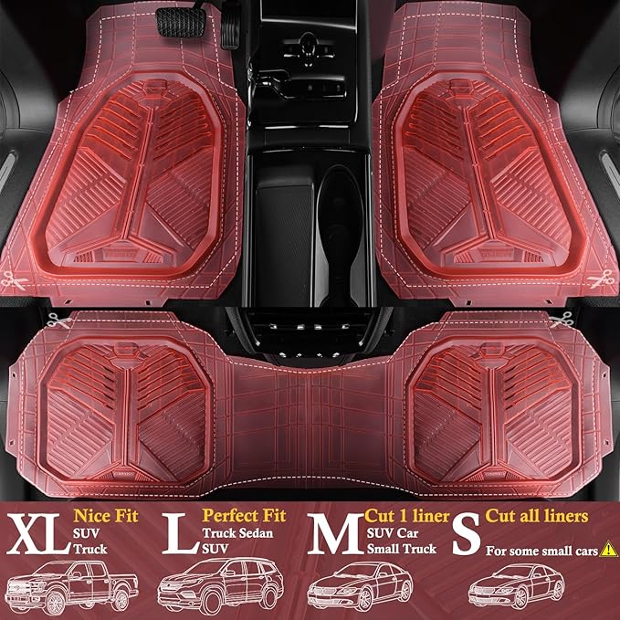 CAR PASS Heavy Duty Rubber Car Mats, Deep-Dish All Weather Car Floor Mats Girly for Women, Universal Trim-to-Fit for SUVs Trucks Sedans, Waterproof Anti-Slip, 3 Pieces Transparent Pink