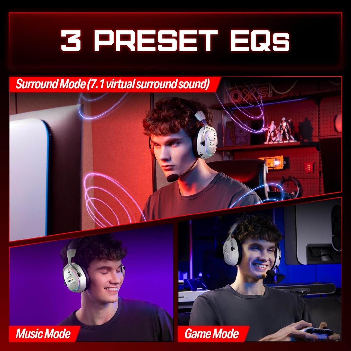 OXS Storm G2 Wireless Gaming Headsets, 7.1 Virtual Surround Sound, 3 EQ Modes, 2.4G Low Latency, 50mm Driver, 40H Playtime, RGB Light, Bluetooth 5.3, Compatible with PC, Console, Mobile, White