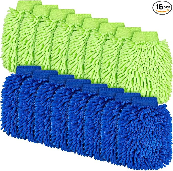 Toulite 16 Pcs Car Wash Mitt Chenille Microfiber Wash Mitt Double Sided Glove Cleaning Drying Mitts(7.48 x 10.24 Inch,Royal Blue, Green)