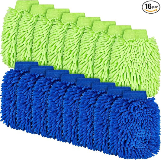 Toulite 16 Pcs Car Wash Mitt Chenille Microfiber Wash Mitt Double Sided Glove Cleaning Drying Mitts(7.48 x 10.24 Inch,Royal Blue, Green)