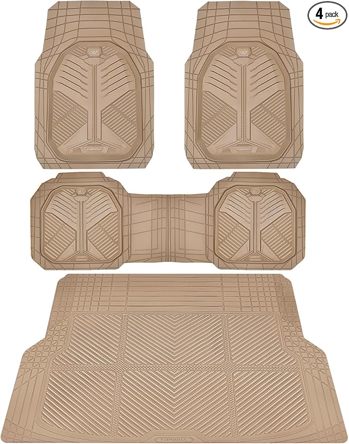 CAR PASS Heavy Duty Rubber Car Mats with Cargo Liner, Deep-Dish Car Floor Mats and Trunk Mat All Weather, Universal Trim-to-Fit for SUVs Trucks Sedans, Waterproof Anti-Slip, Trimmable V12 Beige