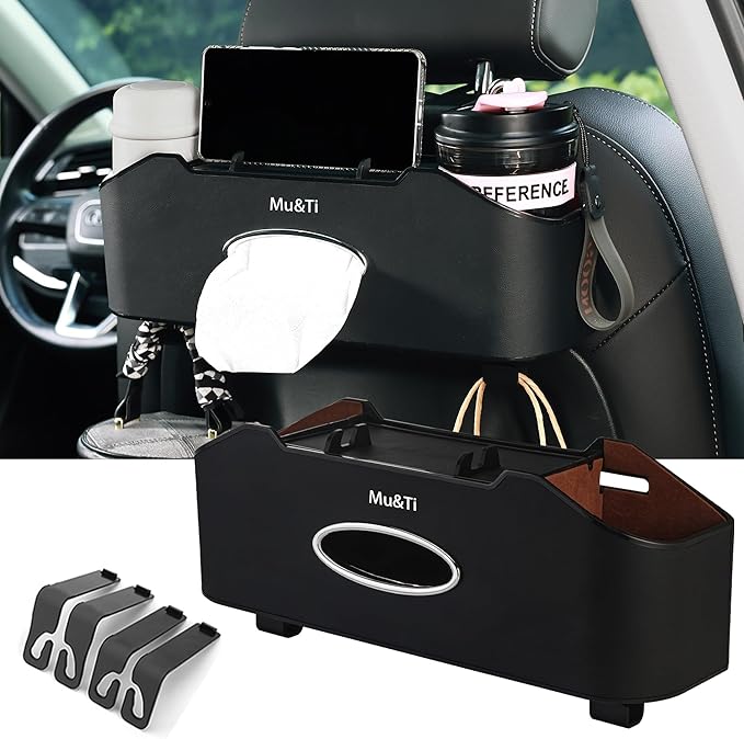 Mu&Ti Back Seat Car Organizer, Multifunctional Car Seat Back Storage Box with 2 Cup Holders, Tissue Box and Hook - Ideal for Kids and Travel (Black)