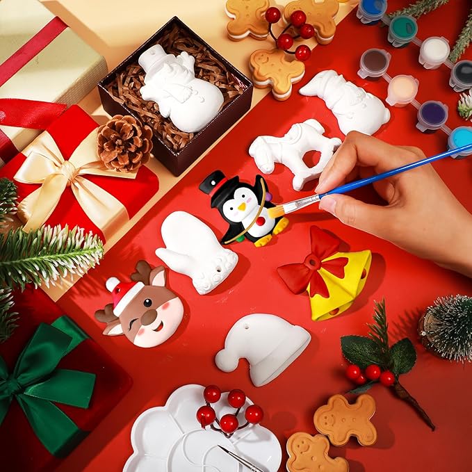 TecUnite 28 Pcs Ceramic to Paint Christmas Ornament Crafts Adults Unpainted DIY Ceramic Figurines Decorate and Paint Your Own Ornaments Kits DIY Craft Xmas Holiday Activities(Holiday)