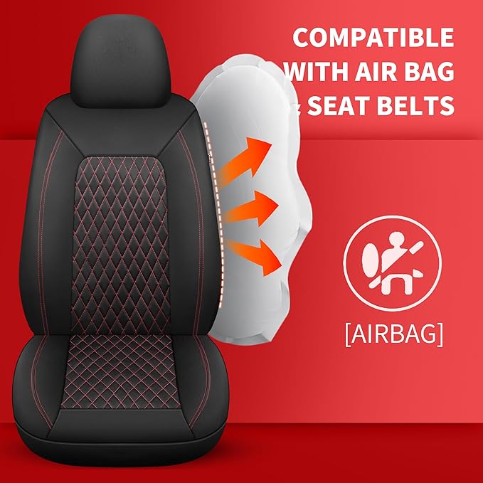 Leather Car Seat Covers,Breathable and Waterproof Seat Cover Full Set,PU Premium Universal Fit Automotive Airbag Compatible for Cars Sedans SUVs Vans and Trucks(Full Seat,Black+Redline,N1)