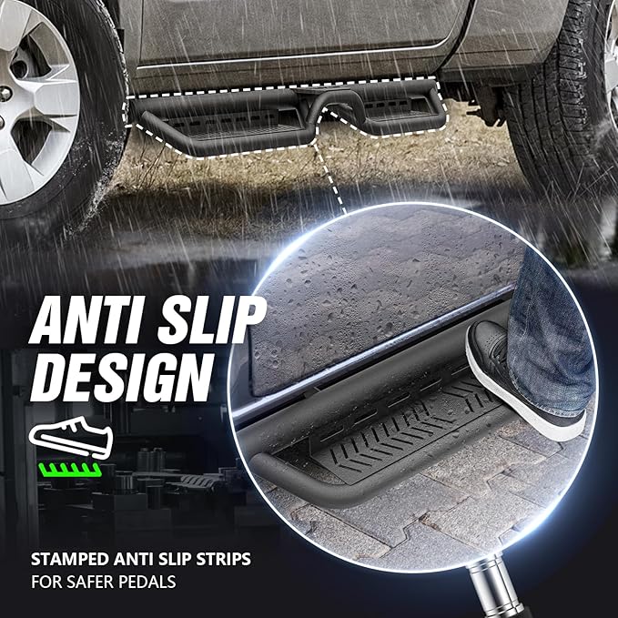 Quad Cab Running Board Side Steps Compatible with 2019-2025 Dodge Ram 1500 New Body Double/Extended Cab, Bolt-on Nerf Bar, Heavy-Duty Steel Two Stairs Design (Black, Star Logo)