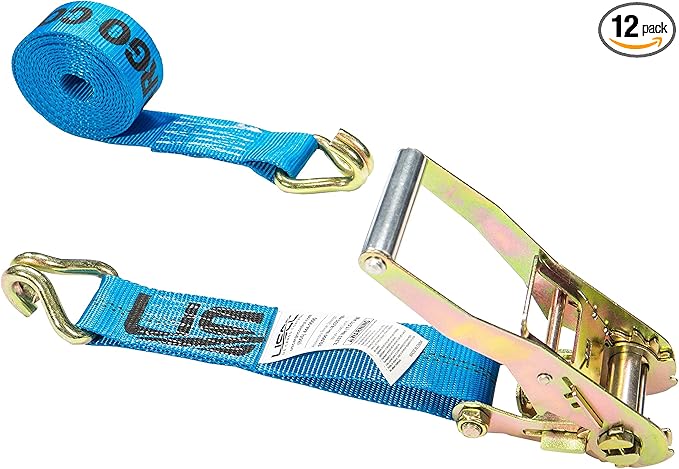 US Cargo Control 2 Inch x 18 Foot Heavy Duty Ratchet Straps with J Hooks (12-Pack), for Flatbed Trailers, 3,333 LBS Working Load Limit, Blue Ratchet Straps