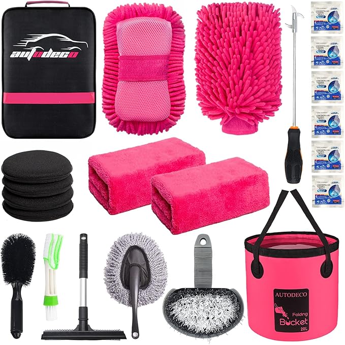 AUTODECO 22Pcs Car Wash Cleaning Tools Kit Car Detailing Set with Canvas Bag Pink Collapsible Bucket Wash Mitt Sponge Towels Tire Brush Window Scraper Duster Complete Interior Car Care Kit
