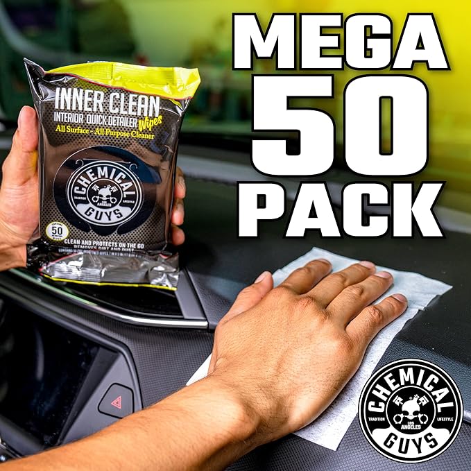 Chemical Guys InnerClean Interior Quick Detailer & Protectant Wipes – 50 Pack Multi Surface Cleaning Wipes for Dashboards, Doors and Seats – Safe for Cars, Trucks, SUVs, RVs and Home Use