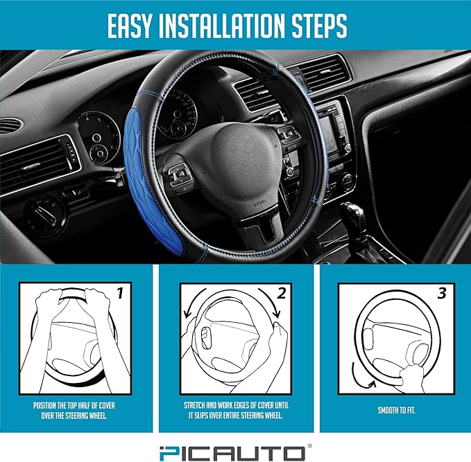 PIC AUTO Steering Wheel Cover, Blue Thick Rhombic Foam and Premium Leather, Universal 14.5-15.5 Inch Breathable Anti-Slip Steering Wheels Accessories for Men & Women