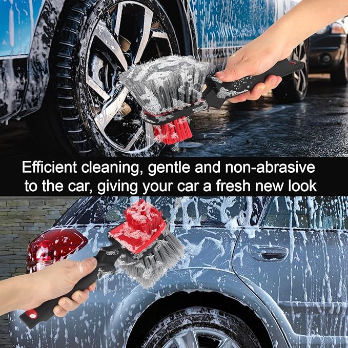 Wheel and Tire Brush for Cleaning Wheels, Tires and Rims, Car Wash Wheel Well Brush, Soft & Stiff Bristle Double Head Car Detailing Tire Scrub Cleaner Brushes