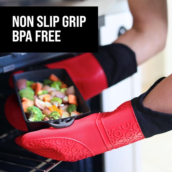 BPA-Free Soft Silicone Oven Mitts - Ultra Heat Resistant Oven Mitts with Thick Cotton Liner - Extra Long Slip Resistant Pot Holders, Flexible Oven Gloves - Red/Black 14.7"