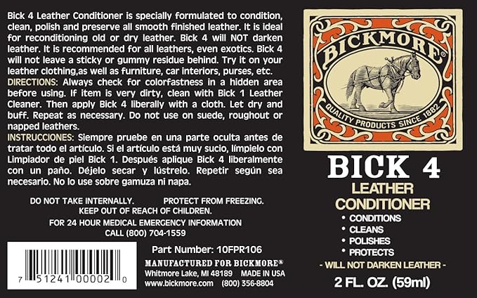 Bick 4 Leather Conditioner and Leather Cleaner 2 oz - Will Not Darken Leather - Safe of Leather Apparel, Furniture, Jackets, Shoes, Auto Interiors, Bags & All Other Leather Accessories