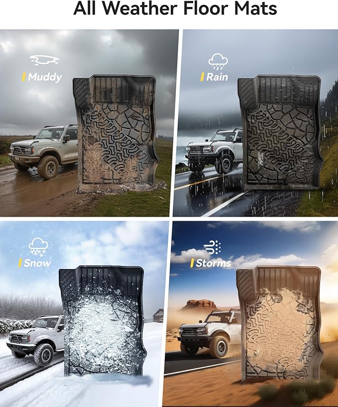 3W Floor Mats Fit for 2021 2022 2023 2024 2025 Ford Bronco 2 Door All Weather TPE Car Accessories Custom Fit Floor Liner 1st and 2nd Row Car Mats, Black (Not for Bronco Sport & Rubberized Floor)