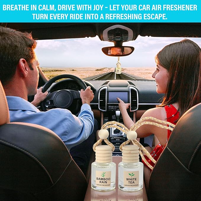Car Air Freshener Oil Diffuser - Hanging Long Lasting Scent for Car & Home, Essential Oil Freshener with Adjustable Fragrance（Bamboo Rain+White Tea）