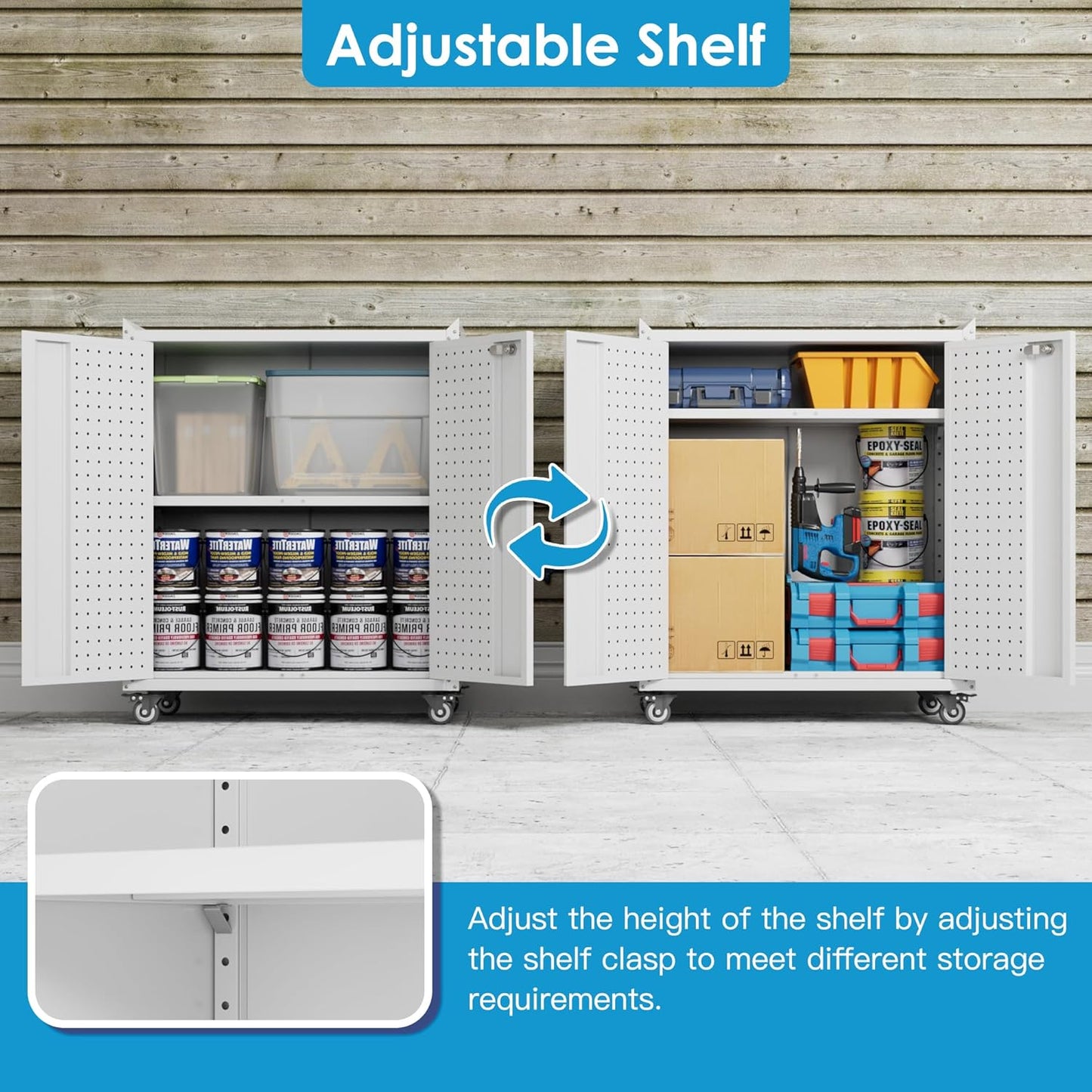 Metal Storage Cabinet with 2 Doors and 4 Hooks,34" H Top Workbench Mobile Tool Chests Garage Cabinets with 4 Wheels and Lock/Push Arm for Home,Office,Shop(White)