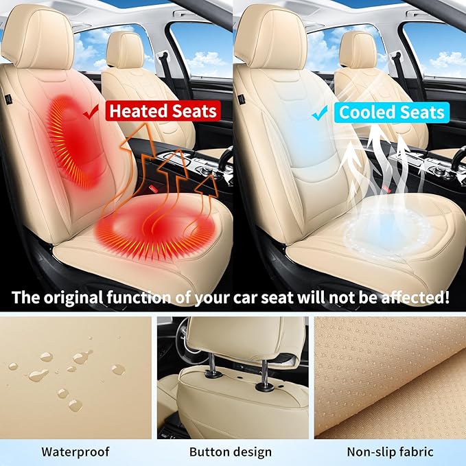 Car Seat Covers for Full Set – Waterproof & Breathable Faux Nappa Leather, 360° Wrap Design, Airbag Compatible, Lumbar Support, Perfect for Drivers Who Sweat-Breathable Design. – Beige