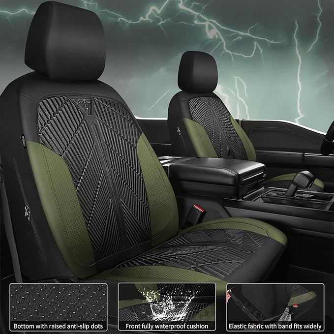 CAR PASS Waterproof Car Seat Covers Front Seats Covers Neoprene Wetsuit, All-Weather Non-Slip Durable,Universal Fit for SUV Sedans Trucks Vans Automotive,Armrest Airbag Compatible,Emboss 2 Black Green