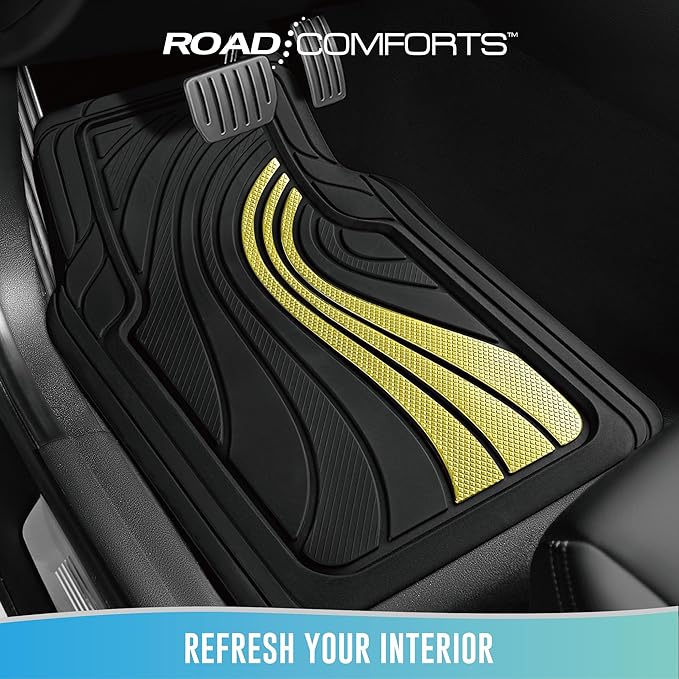 Road Comforts Car Floor Mats Full Set – Front & Rear Car Floor Mats with Aluminum Design, Anti-Slip Backing, All-Weather Protection, Trim-to-Fit Car Mats for Most Sedans, SUVs & Vans - Yellow