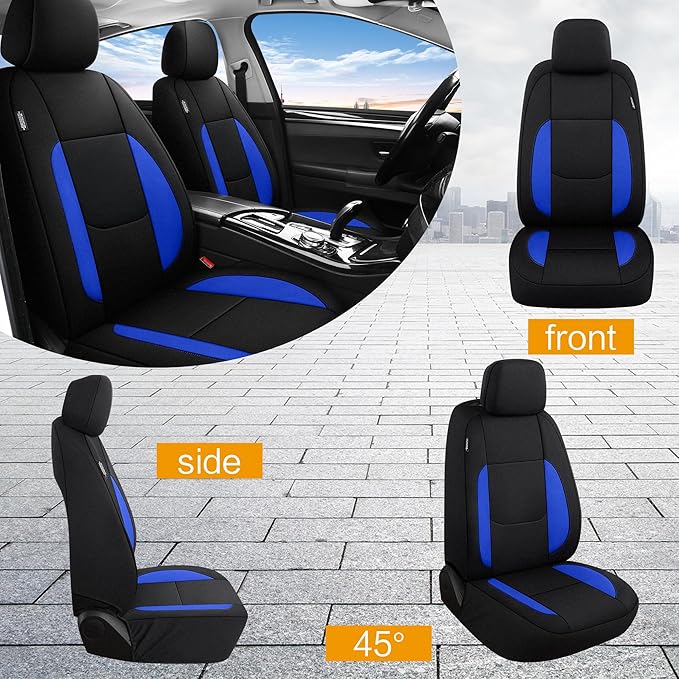 Pariitadin Waterproof Car Seat Covers Full Set, Neoprene Seat Covers for Cars, Universal Fit Interior Covers for Most Cars Sedan Van Truck SUV(Black/Blue)