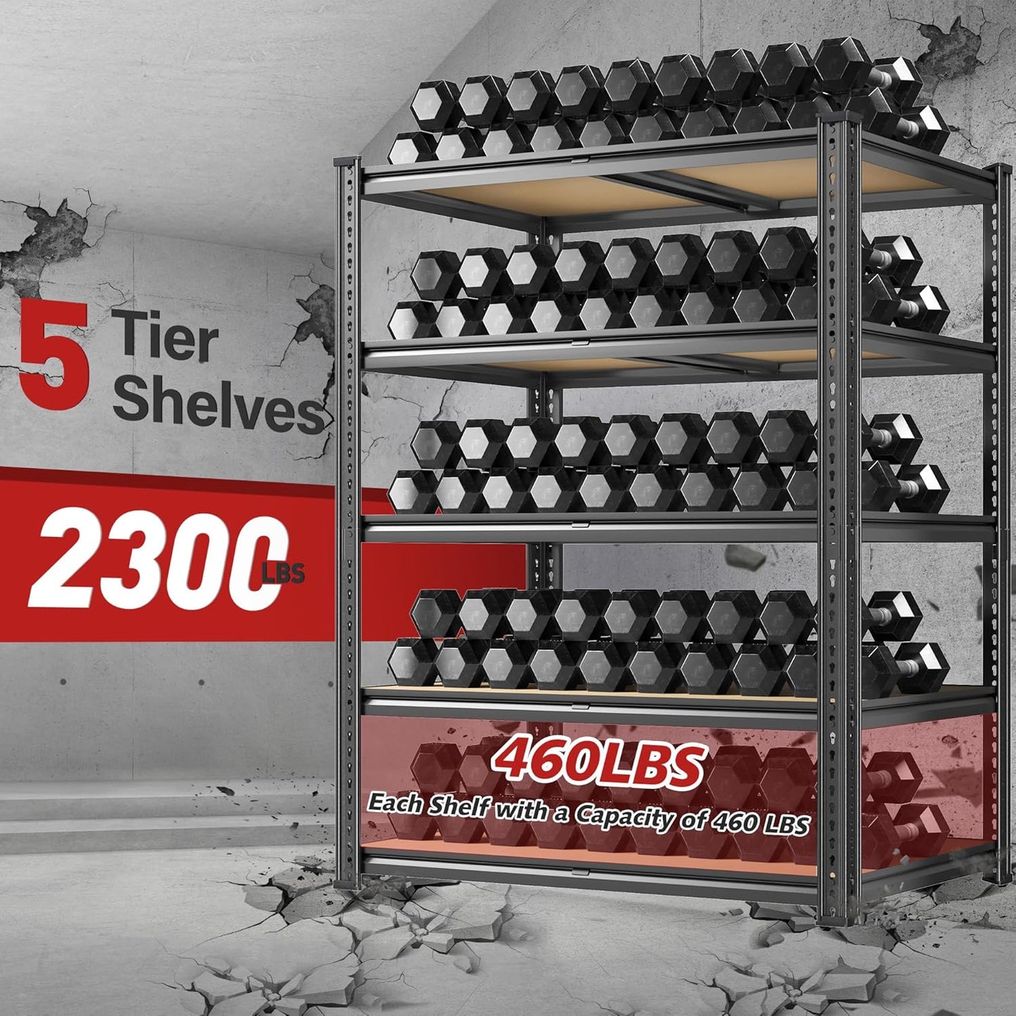 REIBII 72.05" H Storage Shelves 2300LBS Garage Shelving Heavy Duty Metal Shelving 5 Tier Garage Shelves Adjustable Metal Shelf for Kitchen Basement Pantry 35.45" W x 17.72" D x 72.05" H