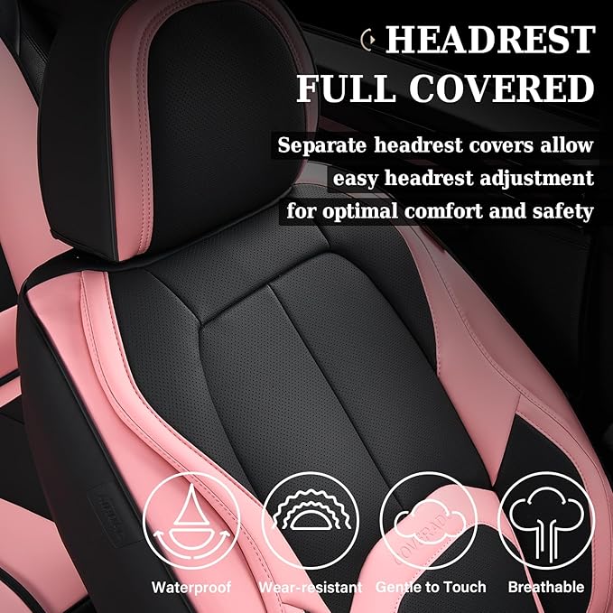 Coverado Car Seat Covers Full Set, Waterproof Nappa Leather Seat Covers for Car, Car Seat Protector with Lumbar Support, Automotive Seat Covers Universal Fit for Most Cars SUV Trucks, (Black&Pink)