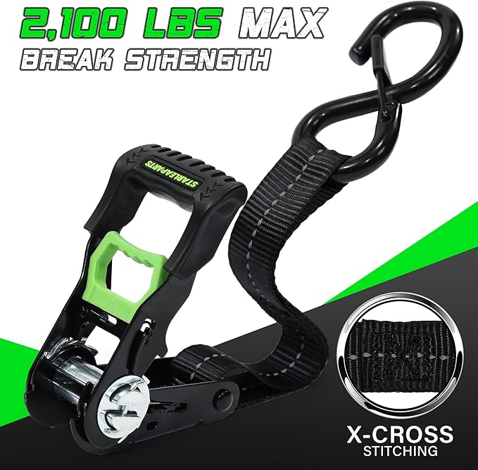 Motorcycle Tie Down Strap (4PK) - 2,100lb Break Strength Premium 15ft Ratchet Tie Down Straps Set, Soft Loop Ratchet Straps for Moving Appliances, Lawn Equipment, Cargo Straps for Trucks (Black)