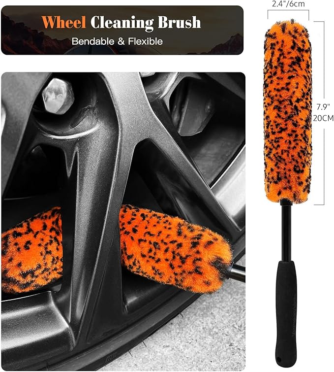 YeewayVeh Car Wheel Brush Kit, 3 Pack Scratch-Free Wheel Cleaner Brush and Detailing Brush, Wheel Car Cleaning Wash Brushes for Vehicle Motorcycle Rim Fenders Engine Exhaust Tips, Orange&Black
