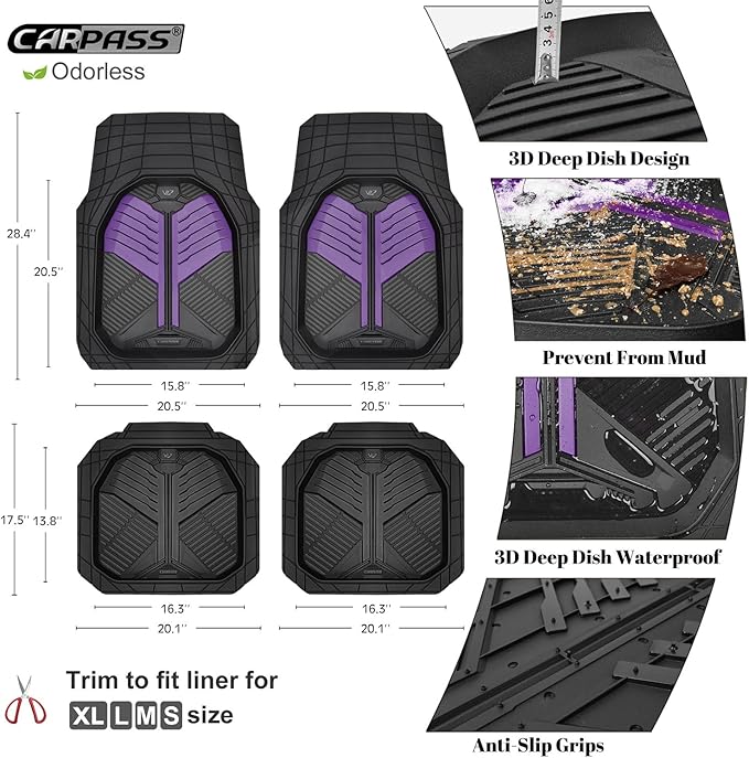 CAR PASS Heavy Duty Rubber Car Mats, Deep Dish Car Floor Mats All Weather, Car Mats Full Set Trim to Fit for Sedans SUVs Trucks, Waterproof Anti-Slip Automotive Mats, Black and Purple (4 Pcs)