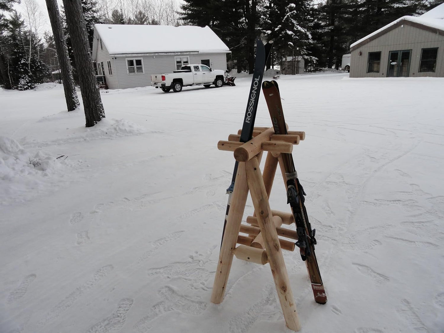 9-Place Freestanding Log Ski Rack Holder, Indoor & Outdoor Snowboard Racks, Standing Storage, Garage Racks for Snow Skis & Poles, Durable Snowboard Rack Garage Storage Organizer - Unfinished