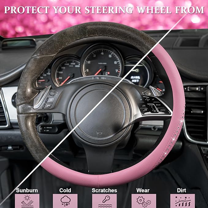 CAR PASS Bling Diamond Pink Leather Steering Wheel Cover, Studded Shining Rhinestones Universal Fit 14" 1/2-15" Glitter Sparkly Crystal Fit for Women Girl SUV,Vans,Sedans,Car,Trucks, Pink Diamond