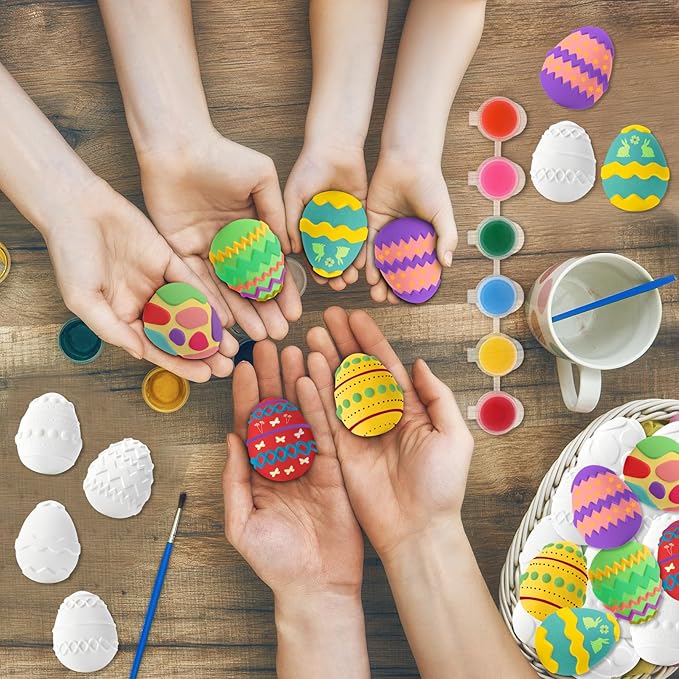 24 Set Easter Egg DIY Painting Kit Ceramic to Paint Your Own Egg Statues Unpainted Plaster Figurines with Brushes Acrylic Bags Arts and Crafts Kits Party Favor for Adults