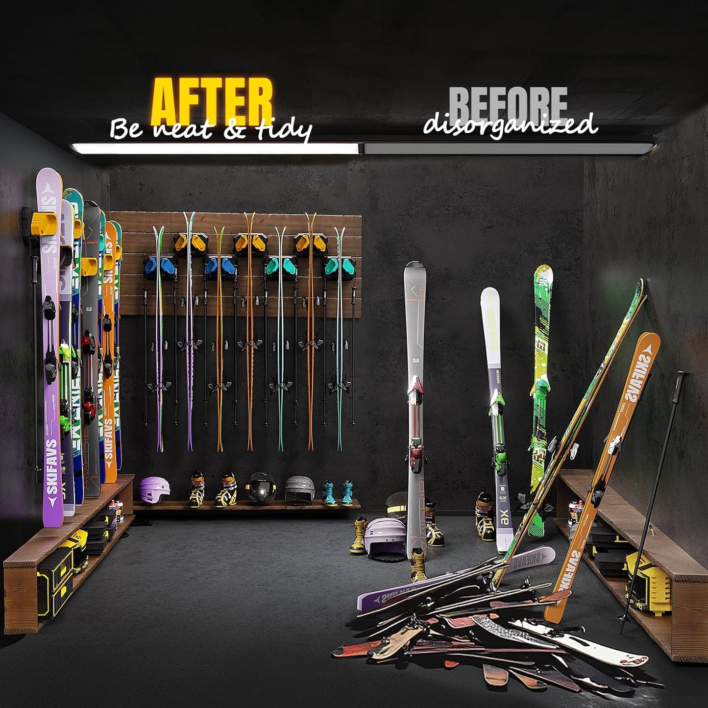 Wall Rack for Garage - Ski & Snowboard Holder, Damage-Free Storage, Yellow, 2 Pack