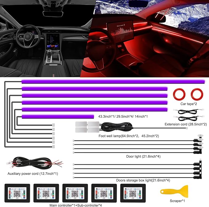 Acrylic Interior Car LED Strip Light with Wireless APP, Car Accessories 18 in 1 with 175 inches 593 LEDs Fiber Optic Ambient Lighting Kits, RGB Dynamic Music Sync Neon LED Strip Light for Car