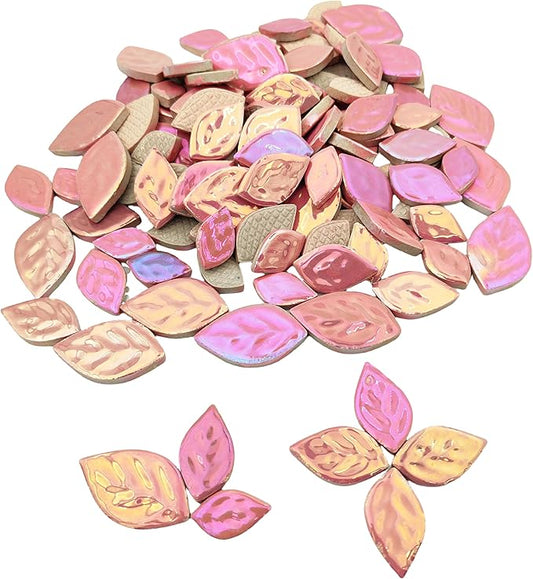 1.1LB Iridescent Leaves Ceramics Mosaic Tiles,Making Creative 3 Size Ceramic Mosaic Pieces for DIY Craft,Flowerpots,Vases,Cups,Garden Decor Mosaic Making Supplies (Pink)