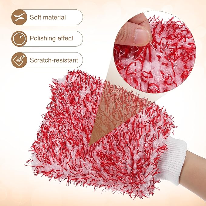 HARFINGTON 4pcs Chenille Microfiber Car Wash Mitts 9.1" x 6.7" Scratch Free Wash Gloves Absorbent Double Sided Plush Cleaning Drying Mitts for Car Washing Home, Red