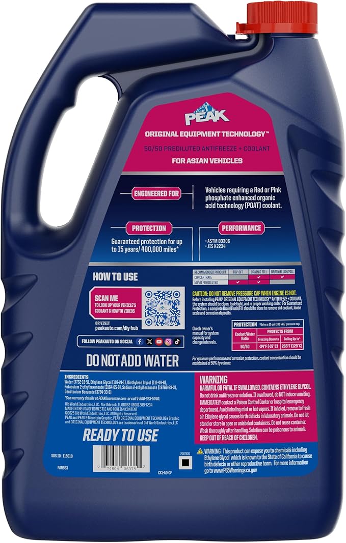 PEAK OET Extended Life Red/Pink 50/50 Prediluted Antifreeze/Coolant for Asian Vehicles, 1 Gal.